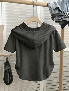 GlowEve 女款休閒不對稱抽繩拉鍊連帽短袖衛衣，春/夏 - 灰色 - 查看 2