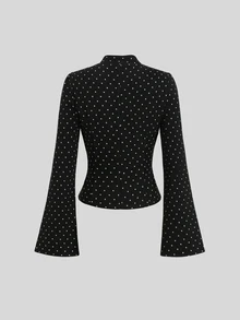 Sweetra Spring/Autumn New Polka Dot Asymmetric Placket Long Sleeve Jacket, Fashionable & Versatile, Suitable For Streetwear And Commuting - Black - View 2