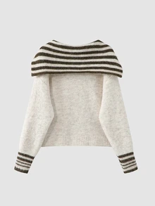 Sweetra Apricot Striped Sailor Collar Loose Casual Fashion Romantic Sweet Commute Dropped Shoulder Knit Zipper Cardigan For Women - Apricot - View 2