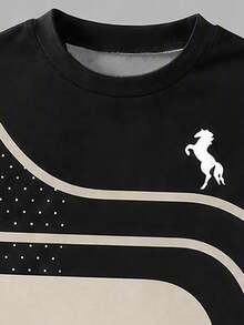 SHEIN 2pcs Set Striped And Polka Dot Horse Logo Print Pattern Black And Light Khaki Color Block Versatile Fashionable Comfortable Round Neck T-Shirt And Light Khaki Cargo Jogger Pants Short Sleeve Outfit Suitable For All Seasons - Multicolor - View 3