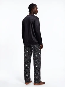 Rest Era Cartoon Print Crew Neck Casual Long Sleeve Green Pants Men's Loungewear Set - Black - View 2