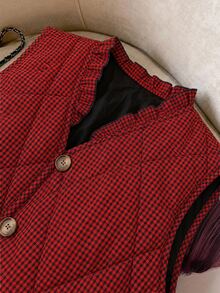 SHEIN Clasi 女款格紋休閒百搭冬季加厚背心 - 紅色 - 查看 4