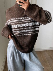 DAZY Women's Colorblock Pattern Jacquard Loose Long Sleeve Turtleneck Casual Vacation Korean Style Daily Autumn/Winter Pullover Knit Sweater - Brown - View 1