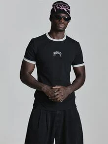 Muscle Fit Ringer Tshirt Front "Musero" Gaphic Contast Crew Neckline Autum Winter Essentials - Black and White - View 2