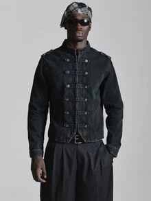 Musero Military Button Detail Denim Jacket Long Sleeve Shoulder Epaulesttes Button Closure Autum Winter Essentials - Black - View 2