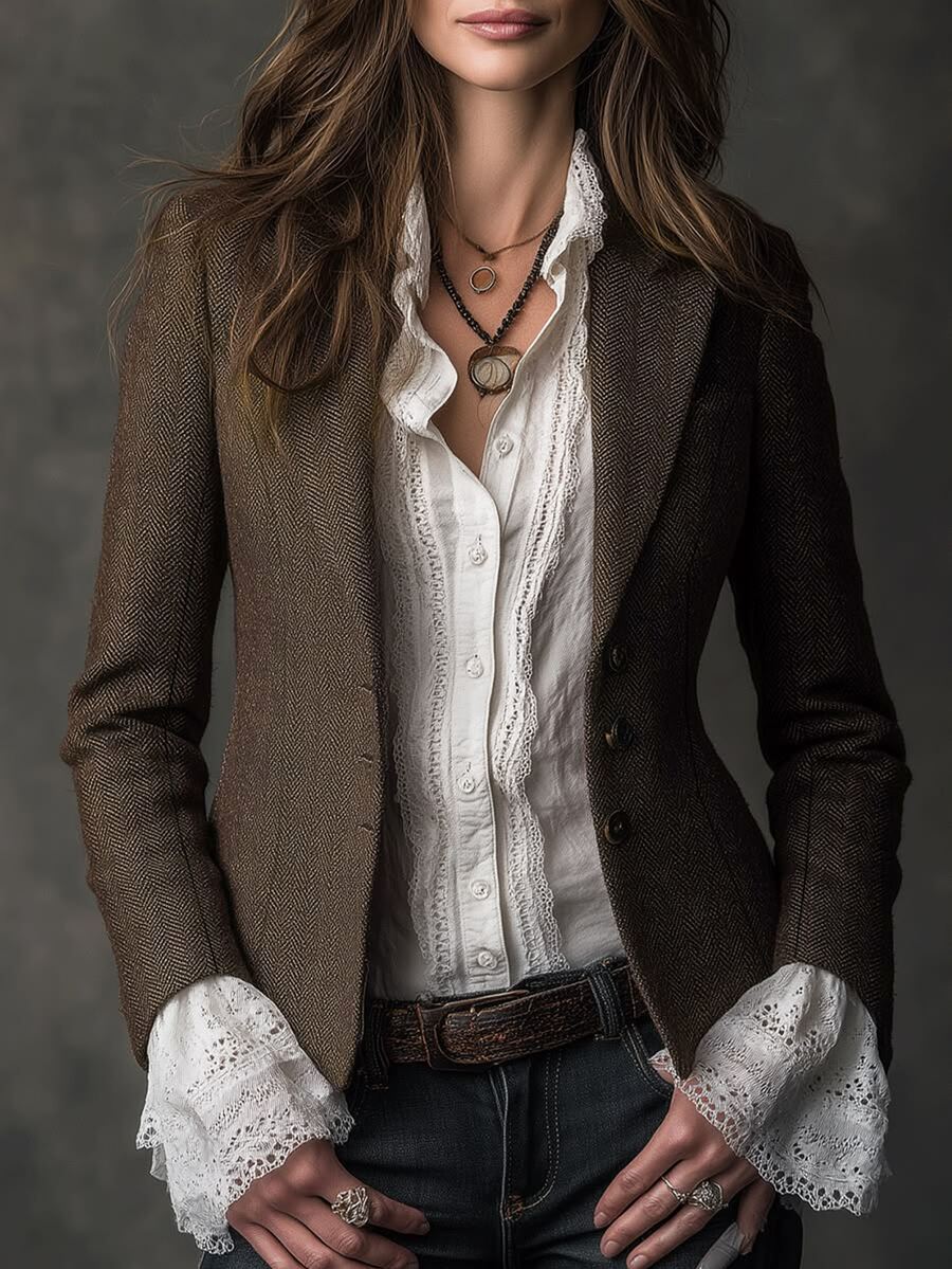 LUMIGAL Herringbone Pattern Notch Lapel Single-Breasted Cinched Waist Vintage British Style Autumn/Winter Women's Blazer - Coffee Brown - View 1