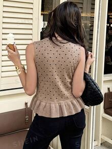 Serisse Women's Polka Dot Single-Breasted Ruffle Hem Knit Vest - Camel - View 2