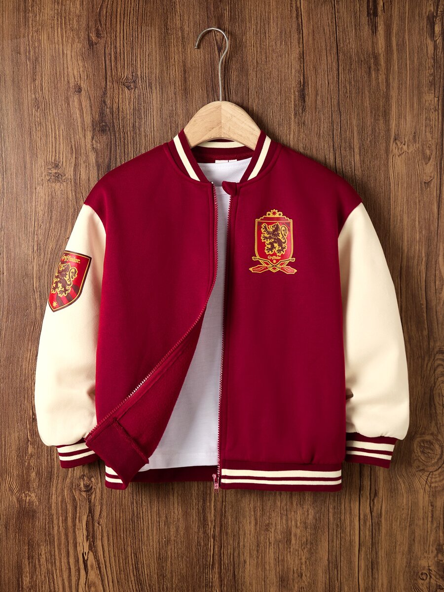 HARRY POTTER X SHEIN Tween Boy Colorblock Patchwork Baseball Jacket - Red - View 1