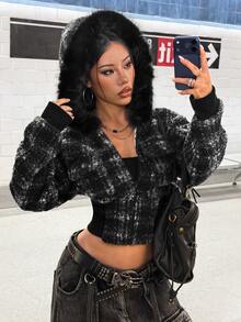 StreetHx Y2K Vintage Plaid Zipper Short Wool Jacket, Frayed Fur Collar Hooded Long Sleeve Ribbed Hem Street Style Short Coat - Multicolor - View 3