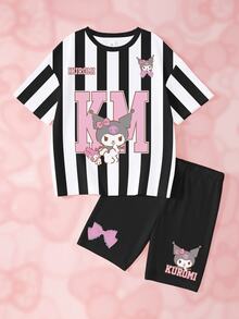 HELLO KITTY AND FRIENDS | SHEIN طقم تي شيرت وشورت للبنات المراهقات بطبعة كرتونية مخططة مع حروف وأكمام قصيرة - أبيض - مشاهدة 1