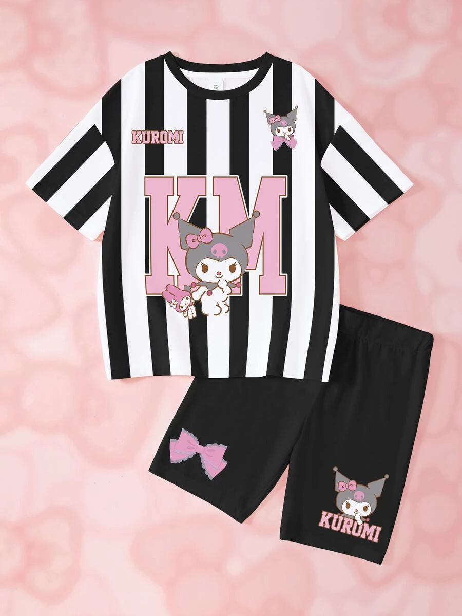 HELLO KITTY AND FRIENDS | SHEIN طقم تي شيرت وشورت للبنات المراهقات بطبعة كرتونية مخططة مع حروف وأكمام قصيرة - أبيض - مشاهدة 1