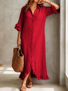 Linhara CURVE Plus Size Women's Solid Color Pleated Casual Party Dress - Red - View 6