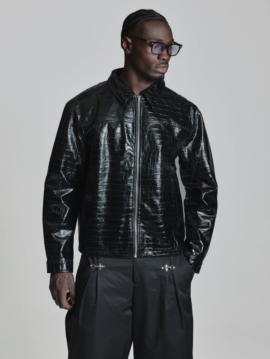 Musero Chaqueta Oversize con Hombros Caídos en PU Tejido con Cierre de Cremallera, Esencial de Otoño e Invierno - Negro - Ver 1