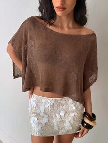 Aloruh 女款夏季海灘度假比基尼罩衫 波希米亞風優雅套頭上衣 手編織性感透視針織衫 - 咖啡棕 - 查看 8