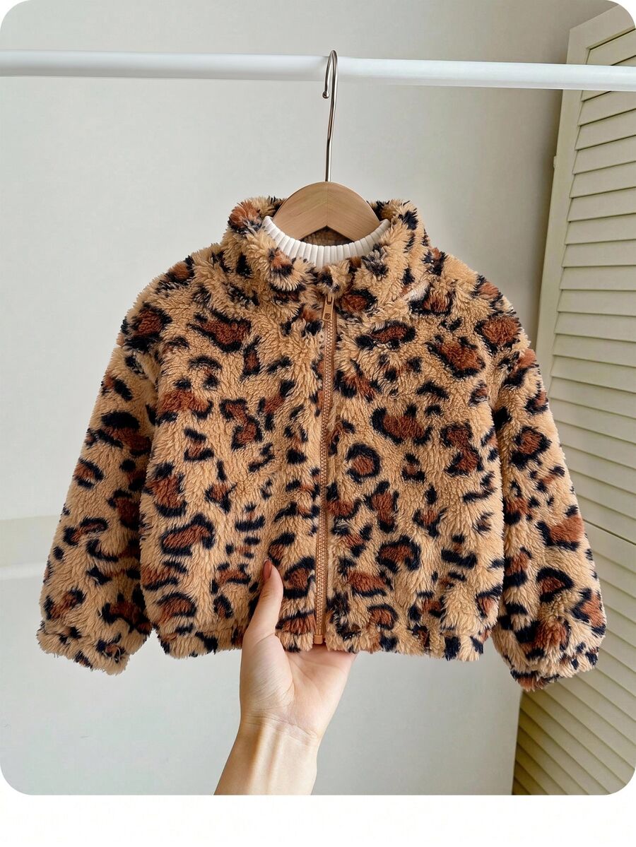 SHEIN 女嬰可愛百搭休閒毛絨碎花長袖冬季外套 - 卡其色 - 查看 1