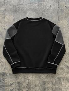 SHEIN 青少年男孩黑色圓領運動衫，對比縫線長袖上衣，拼色套頭毛衣，秋季上衣，冬季街頭風服飾，黑色上衣 - 黑色 - 查看 2