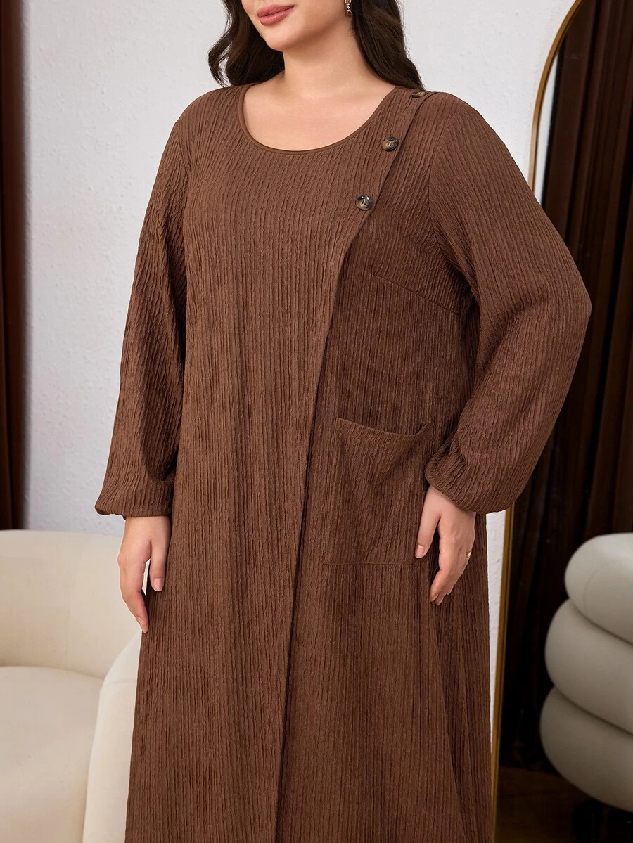 Lacomfia Plus Size 2 Pieces Set Loose Fit Textured Knit Fabric Casual Wear, Suitable For Spring And Autumn Daily - Coffee Brown - View 1