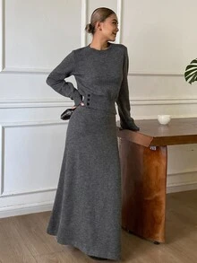 DAZY Solid Color Fitted Crew Neck Long Sleeve Pullover Sweater & A-Line Umbrella Skirt, Elegant Formal Vacation Korean Style Thickened Autumn/Winter 2 Pieces Set For Women - Grey - View 6