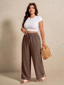Elaquor Plus Size Women's Striped Casual Daily Wear Long Pants - Coffee Brown - View 5