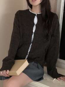DAZY Women's Solid Color Loose Long Sleeve Round Neck Button Casual Vacation Korean Style Autumn/Winter Knit Cardigan - Coffee Brown - View 8