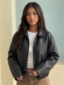 SHEIN Sparklyn 青少年女孩長袖抓絨秋冬休閒街頭風寬鬆日常上班上學通勤PU皮革翻領夾克外套黑色 - 黑色 - 查看 8