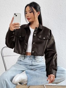 SHEIN EZwear 深褐色PU皮革長袖夾克，女款秋季服飾，2026夜晚外出穿搭，性感頹廢風 - 巧克力棕 - 查看 3