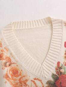 Linavere Women's V-Neck Floral Pattern Casual Daily Long Sleeve Sweater - White - View 5