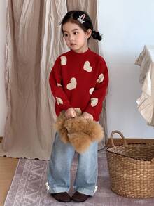 SHEIN 少女時尚百搭愛心提花長袖針織衫 - 紅色 - 查看 5