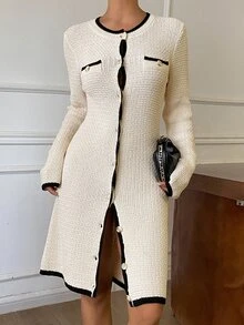 DAZY Patchwork Contrast Color Striped Fitted Bodycon Long Sleeve Round Neck Elegant Formal Vacation Korean Style Party Autumn/Winter Women's Sweater Dress - Apricot - View 1