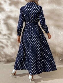 SHEIN Clasi 女款休閒波點印花長洋裝，秋季 - 藏蓝色 - 查看 2