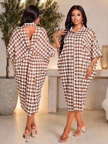 Brilight Houndstooth Print Shirt DressFront Back Twist Knot Loose Midi Dress For Vacation Brunch Casual Stree - Brown - View 7