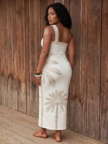 CAJUNI Plus Size Vacation Coconut Tree Print One Shoulder Dress - Multicolor - View 2