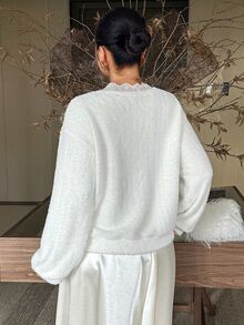 Dazy Plus Fuzzy Thick Contrast Lace Trim Beaded Decor Loose Long Sleeve Elegant Spring/Autumn Pullover Sweatshirt - Beige - View 2