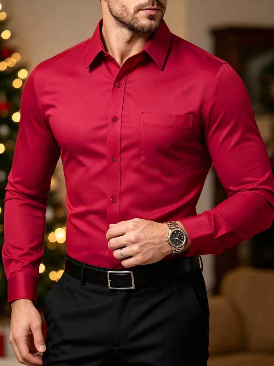 Manfinity Mode Men's Solid Color Casual Versatile Daily Wear Long Sleeve Shirt - Red - View 1