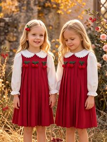 SHEIN Genkimix Kids 女童甜美櫻桃拼接洋裝，蕾絲飾邊彼得潘領泡泡長袖百褶A字領派對洋裝，適合秋季 - 紅色 - 查看 4