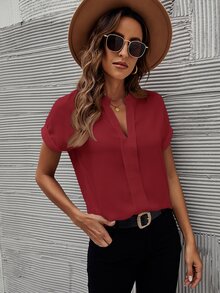 SHEIN Clasi Summer Casual Solid Color Notch Collar Shirt - Burgundy - View 3