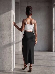BamGlimmer Women's Cutout Design Asymmetrical Hem Knit Design Skirt - Black - View 2