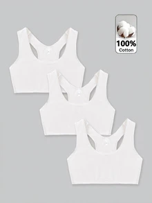 SHEIN Set 3 Potong Atasan Tank Top Kasual Rajut Warna Polos untuk Remaja Perempuan - Putih - View 1