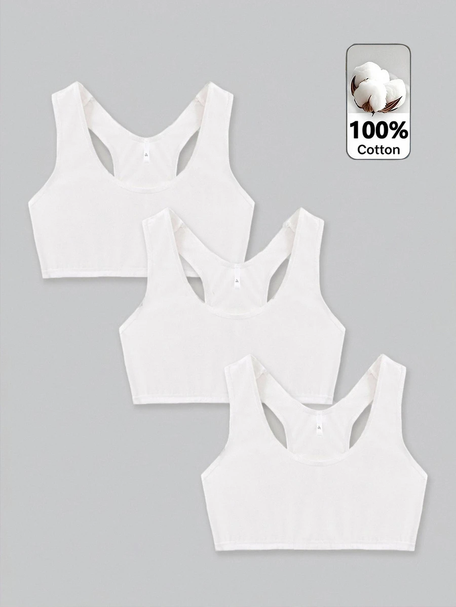 SHEIN Set 3 Potong Atasan Tank Top Kasual Rajut Warna Polos untuk Remaja Perempuan - Putih - View 1