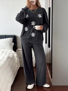 DAZY 2pcs Halloween Pattern Loose Long Sleeve Long Pajama Pants Women's Sleepwear Set - Dark Grey - View 5
