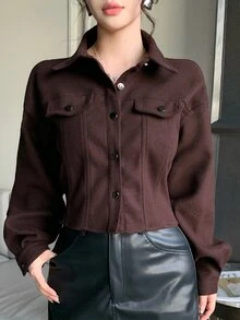 DAZY Women's Deep Brown Wool Blend Short Jacket, Loose Casual Streetwear Commuter Style With Turn-Down Collar And Large Pockets, Autumn/Winter - Brown - View 4