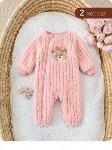 SHEIN Newborn Baby Cartoon Bear Design Plush Romper - Pink - View 3