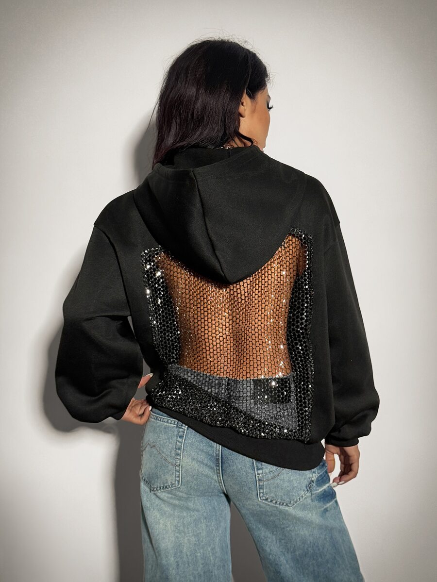 SHEIN ICON Women's Black Oversized Gothic Sexy Zip Up Rhinestone Bling Patchwork Casual Everyday Hooded Sweatshirt - Black - View 1