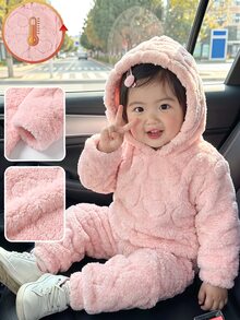 女嬰秋冬可愛粉色毛絨連帽衛衣與彈性腰長褲套裝 - 粉色 - 查看 1