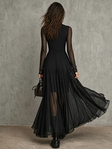 LUMIGAL Women's V-Neck Mesh Patchwork Dress - Black - View 2