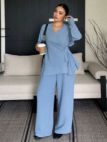 Dazy Plus Solid Color Asymmetrical Collar Tie Long Sleeve Shirt And Straight Leg Pants Elegant Vacation Formal Spring Autumn 2 Pieces Set - Blue - View 4