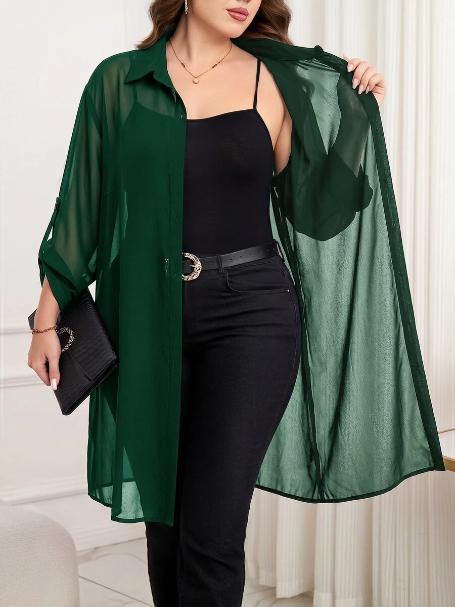 Reflora Plus Size Women's Solid Color Casual Versatile Daily Wear Shirt - Green - View 1