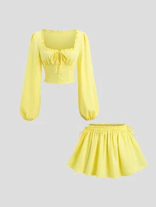 Sweetra Women's Yellow 2 Pieces Set, Featuring Ruffled Square Neck, Puff Long Sleeves, Front Tie, Ruched Top And Flowy Mini Skirt, Suitable For Beach Vacation And Club Wear - Yellow - View 2