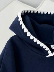 SHEIN Girls' Casual Fashion Knit Solid Color Front Print Letter Graphic Drop Shoulder Long Sleeve Ribbed Waist Hooded Top And Long Pants With Front Center Line Print Letter Graphic Sweatshirt 2 Pieces Set - Navy Blue - View 4