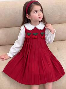 SHEIN Genkimix Kids 女童甜美櫻桃拼接洋裝，蕾絲飾邊彼得潘領泡泡長袖百褶A字領派對洋裝，適合秋季 - 紅色 - 查看 1